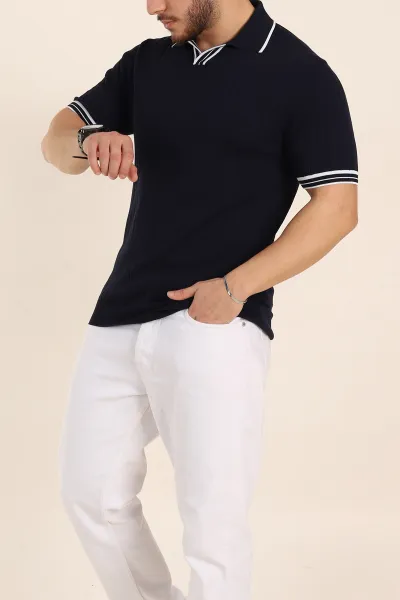 Lacivert Slim Fit Patlı Polo Yaka Kısa Kollu Erkek Triko Tişört 338582
