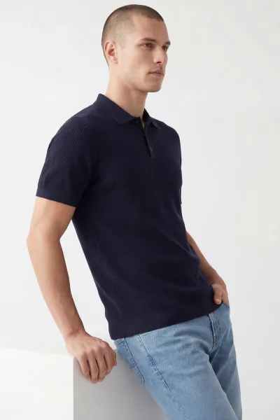 Lacivert Slim Fit Polo Yaka Triko Erkek Tişört 449051