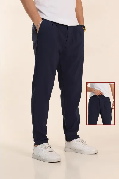Lacivert Slim Fit Yüksel Bel Çift Kemer Detaylı Erkek Kumaş Pantolon 340849