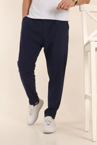 Lacivert Slim Fit Yüksel Bel Çift Kemer Detaylı Erkek Kumaş Pantolon 340849