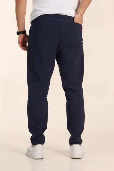 Lacivert Slim Fit Yüksel Bel Çift Kemer Detaylı Erkek Kumaş Pantolon 340849