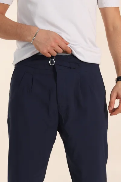 Lacivert Slim Fit Yüksel Bel Çift Kemer Detaylı Erkek Kumaş Pantolon 340849