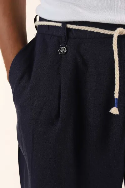 Lacivert Süper Baggy Keten Bel Lastikli Erkek Pantolon 380959