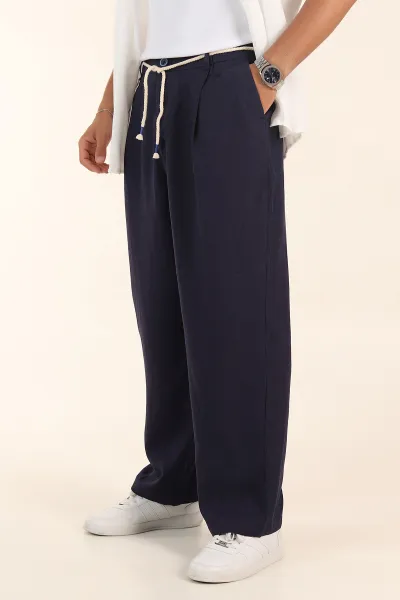 Lacivert Süper Baggy Keten Bel Lastikli Erkek Pantolon 380959