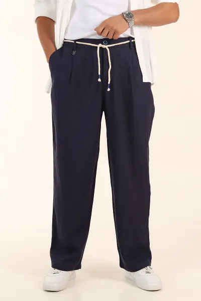 Lacivert Süper Baggy Keten Bel Lastikli Erkek Pantolon 380959
