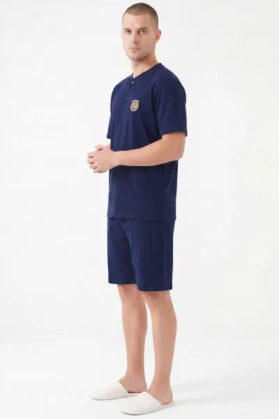 Lacivert Süprem Kumaş Düğmeli Erkek Şortlu Pijama Takımı 469686