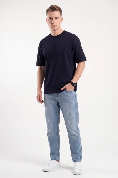 Lacivert Süprem Kumaş Oversize Sıfır Yaka Erkek Tişört 487712
