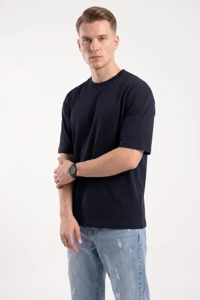 Lacivert Süprem Kumaş Oversize Sıfır Yaka Erkek Tişört 487712