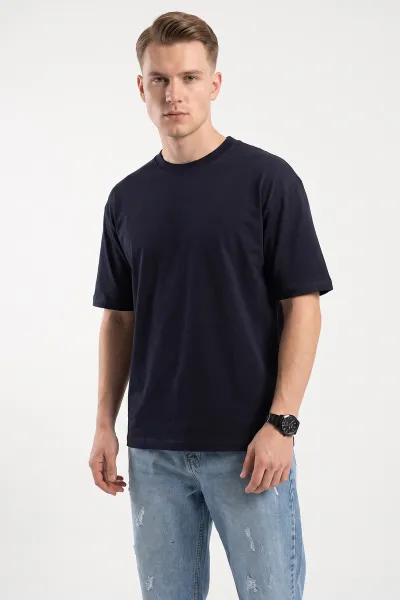 Lacivert Süprem Kumaş Oversize Sıfır Yaka Erkek Tişört 487712
