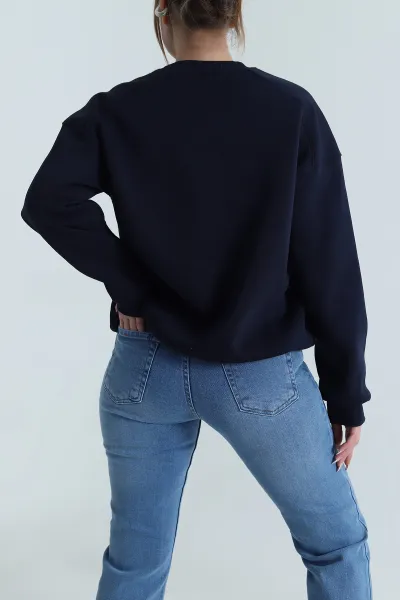 Lacivert Süzene Nakışlı Şardonlu Üç İp Kadın Sweat 486708