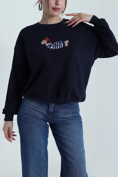 Lacivert Süzene Nakışlı Şardonsuz Üç İp Kadın Sweat 486606
