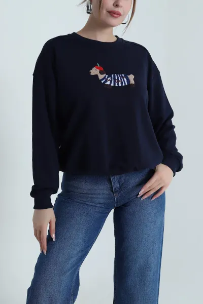 Lacivert Süzene Nakışlı Şardonsuz Üç İp Kadın Sweat 486606