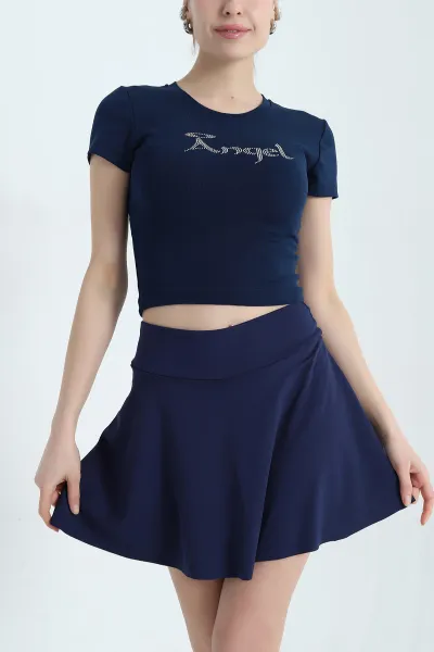 Lacivert Taş Detay Likralı Crop 338519