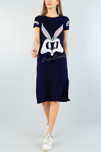 Lacivert Taş İşlemeli Yırtmaçlı Elbise 60547
