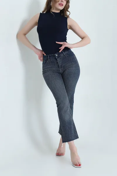 Lacivert Taşlı Lazer Paça Kadın Kot Pantolon 445828