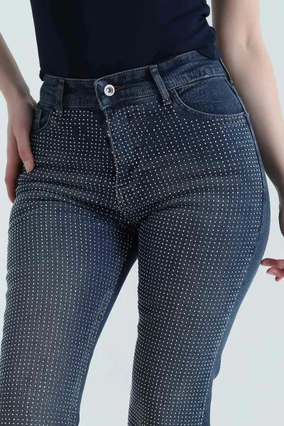 Lacivert Taşlı Lazer Paça Kadın Kot Pantolon 445828