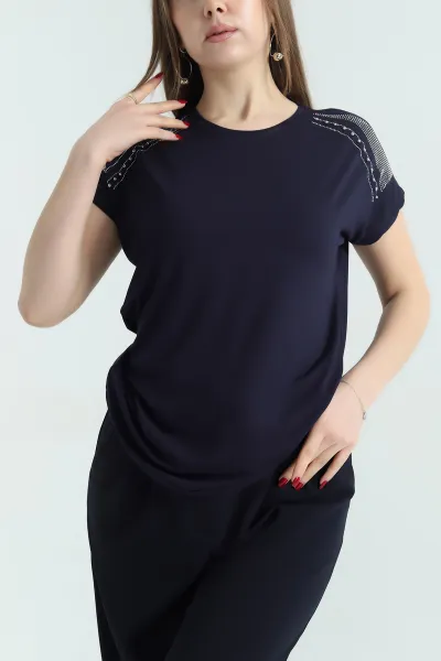 Lacivert Taşlı Likralı Bisiklet Yaka Süprem Bluz 335884