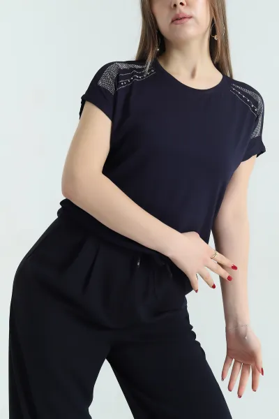 Lacivert Taşlı Likralı Bisiklet Yaka Süprem Bluz 335884