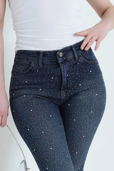 Lacivert Taşlı Likralı Lazer Paça Kadın Kot Pantolon 438401