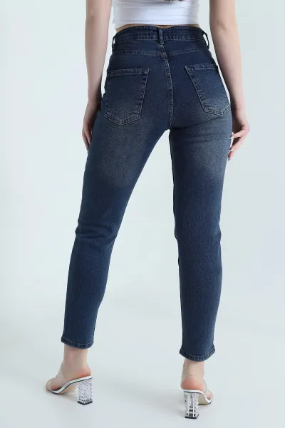 Lacivert Taşlı Likralı Mom Kadın Kot Pantolon 446287