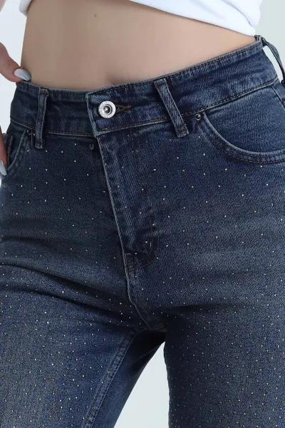 Lacivert Taşlı Likralı Mom Kadın Kot Pantolon 446287
