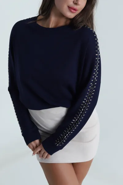 Lacivert Taşlı Modal Kadın Bluz 488061