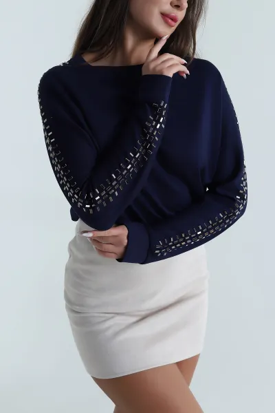 Lacivert Taşlı Modal Kadın Bluz 488061