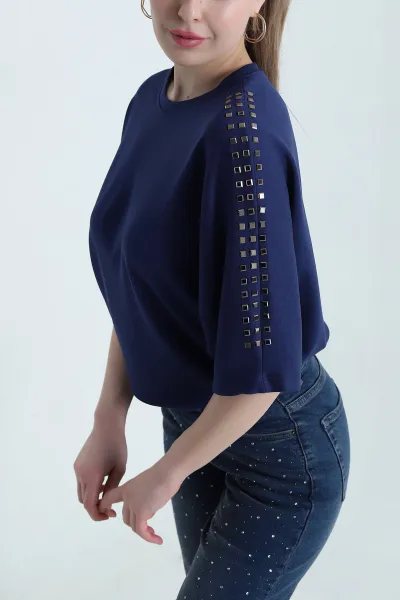 Lacivert Taşlı Modal Salaş Kadın Bluz 444551