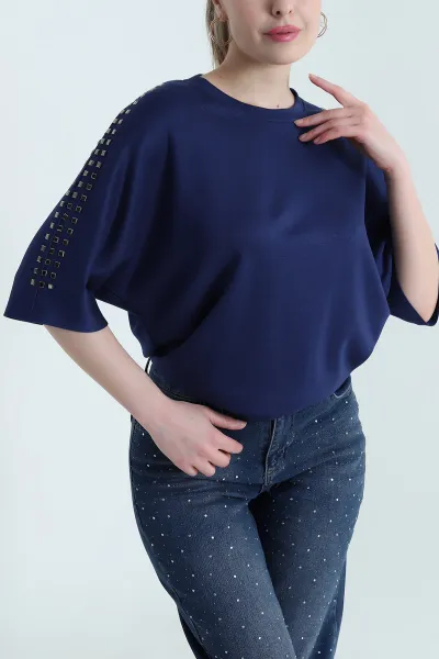 Lacivert Taşlı Modal Salaş Kadın Bluz 444551
