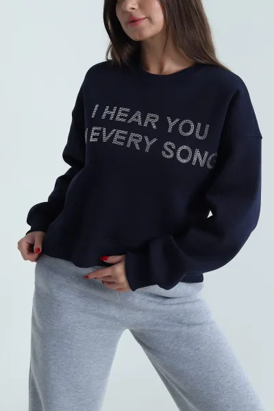 Lacivert Taşlı Şardonlu Üç İp Kadın Sweat 491366