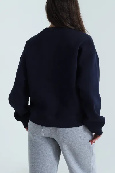 Lacivert Taşlı Şardonlu Üç İp Kadın Sweat 491366