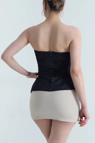 Lacivert Taşlı Straplez Kadın Denim Büstiyer 473163
