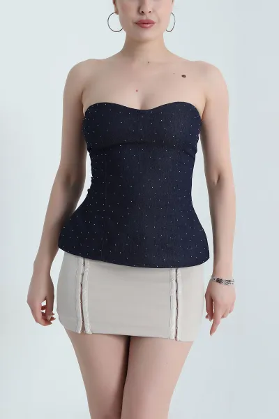 Lacivert Taşlı Straplez Kadın Denim Büstiyer 473163