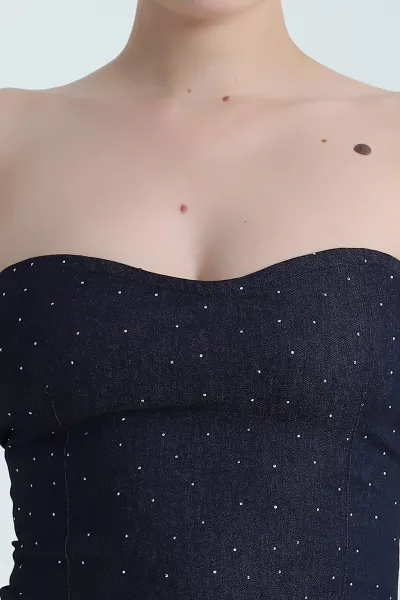 Lacivert Taşlı Straplez Kadın Denim Büstiyer 473163