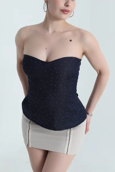 Lacivert Taşlı Straplez Kadın Denim Büstiyer 473163