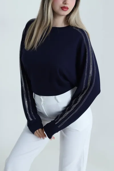Lacivert Taşlı Tasarım Modal Kadın Bluz 487987