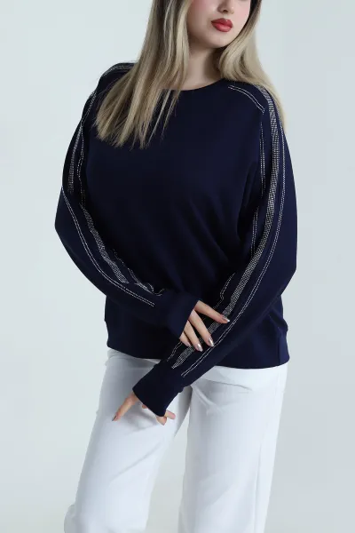 Lacivert Taşlı Tasarım Modal Kadın Bluz 487987