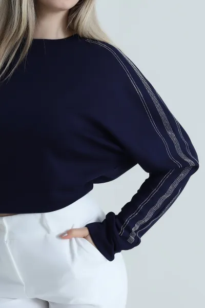 Lacivert Taşlı Tasarım Modal Kadın Bluz 487987