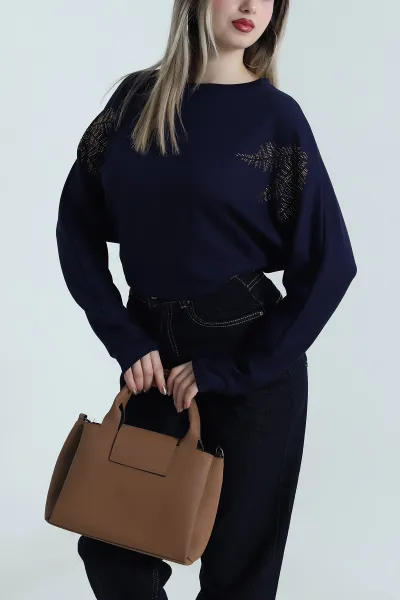 Lacivert Taşlı Tasarım Modal Kadın Bluz 487993