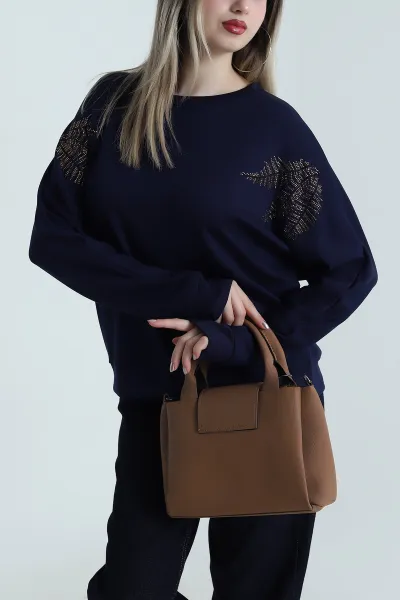 Lacivert Taşlı Tasarım Modal Kadın Bluz 487993