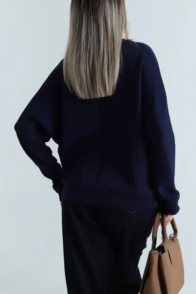 Lacivert Taşlı Tasarım Modal Kadın Bluz 487993