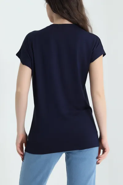 Lacivert Taşlı Viskon Kadın Bluz 433803