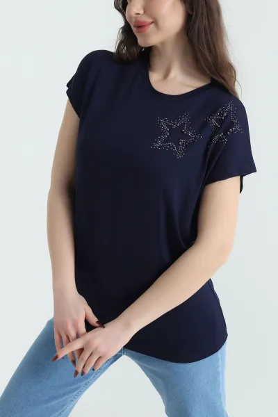 Lacivert Taşlı Viskon Kadın Bluz 433803