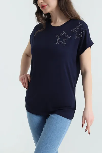 Lacivert Taşlı Viskon Kadın Bluz 433803