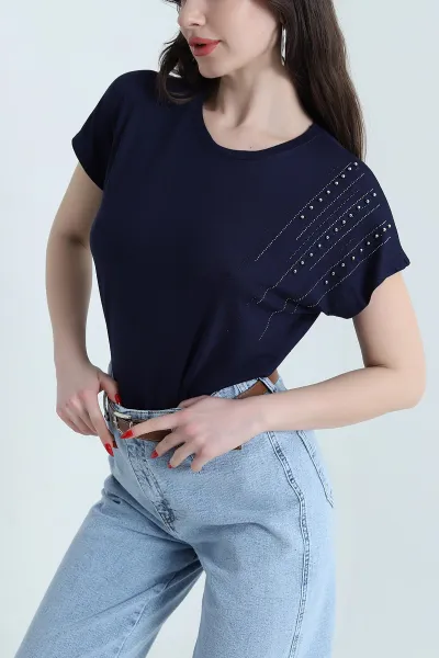 Lacivert Taşlı Viskon Kadın Bluz 443451