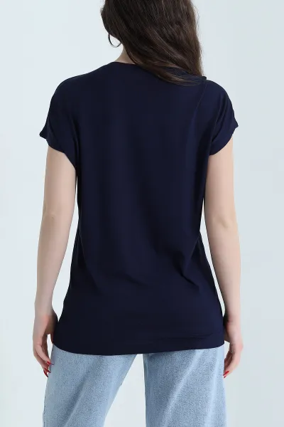 Lacivert Taşlı Viskon Kadın Bluz 443451