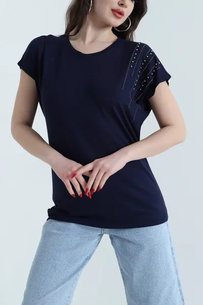 Lacivert Taşlı Viskon Kadın Bluz 443451