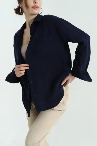 lacivert-tek-cep-muslin-kadin-gomlek-336833