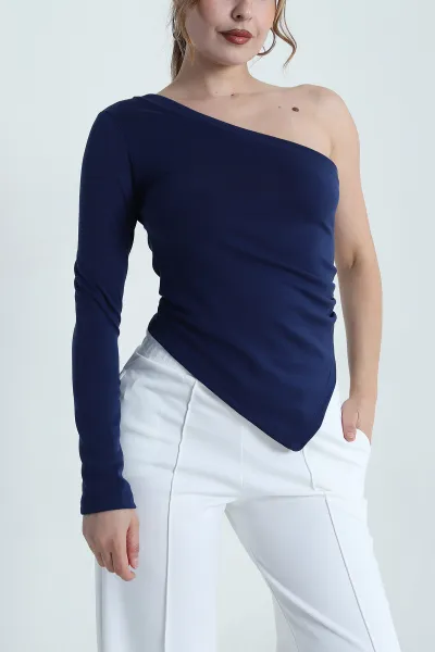 Lacivert Tek Kol Büzgülü Modal Kadın Bluz 483783