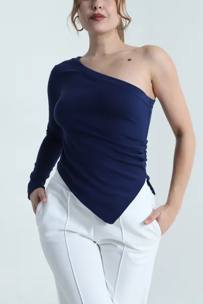 Lacivert Tek Kol Büzgülü Modal Kadın Bluz 483783